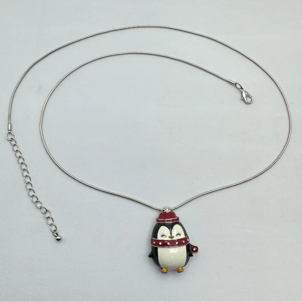 Silver Tone Enamel Penguin Necklace Winter Holiday Cute Boho Long Snake Chain